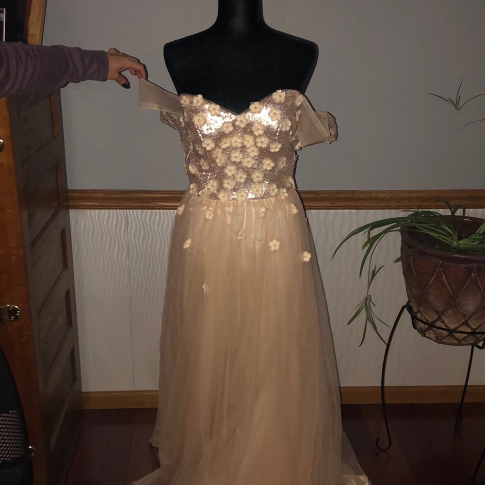 Lala Mira off shoulder champagne prom dress